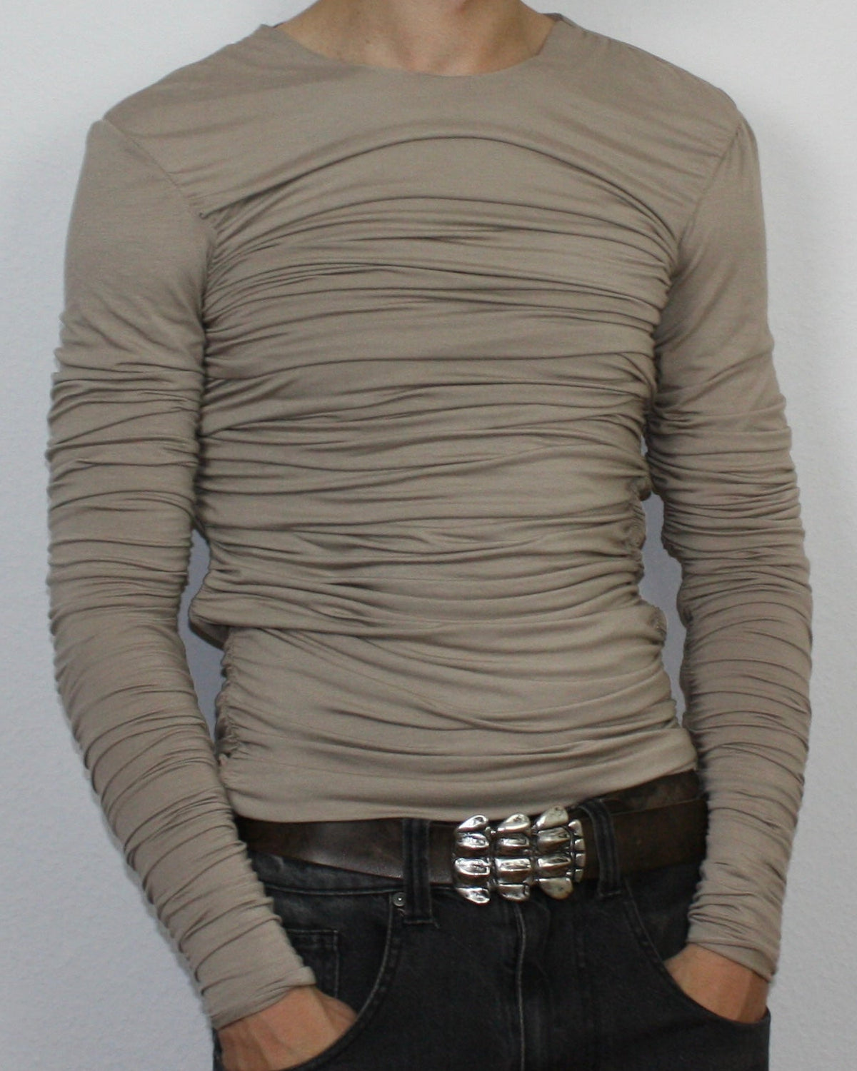 Drape Long Sleeve Beige Without Collar Sample