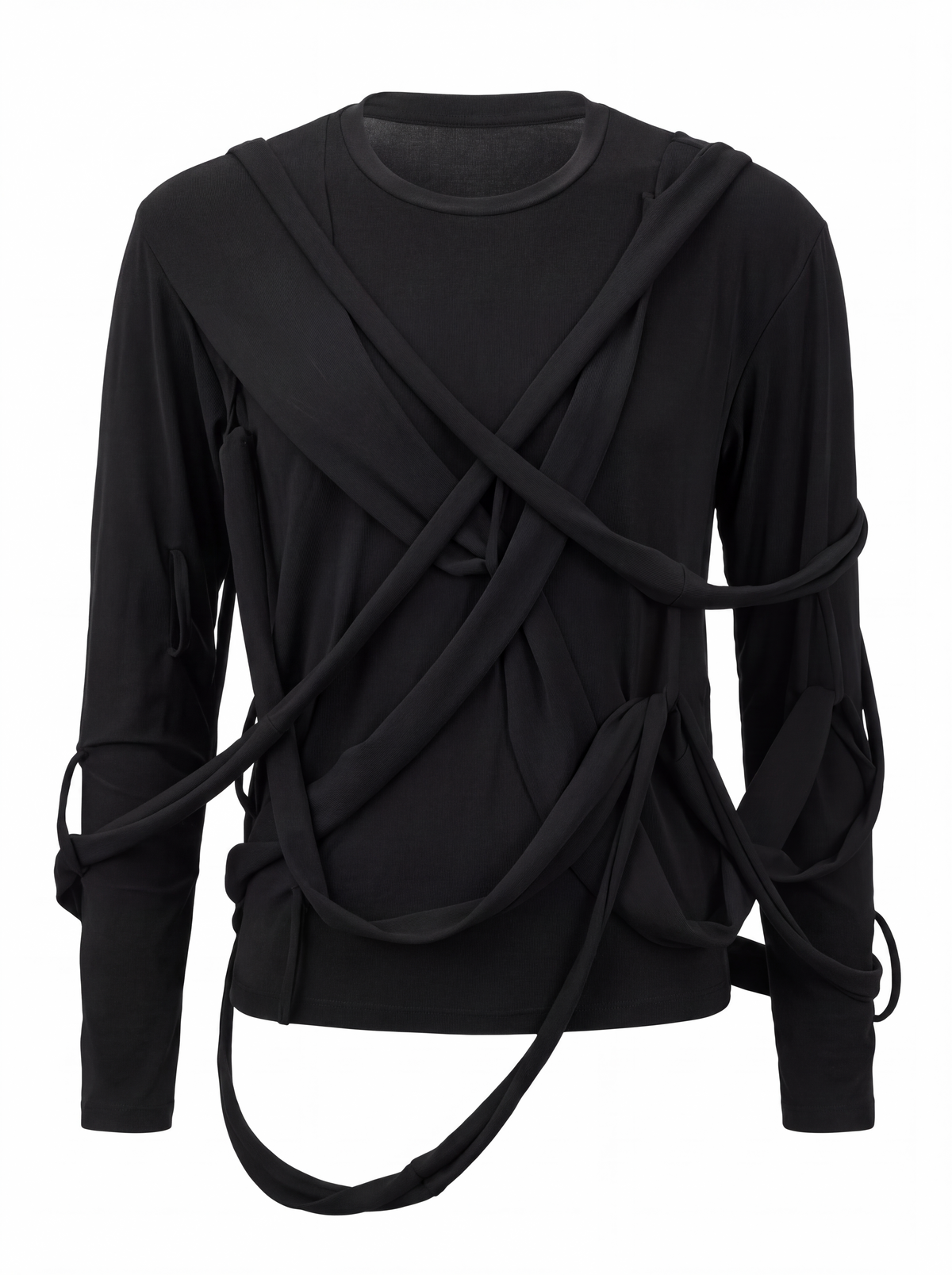 Mummy Drape — front view on a ghost mannequin against white, black jersey longsleeve with the fabric strip draped loosely in wide crossing loops over the chest and wound around both forearms