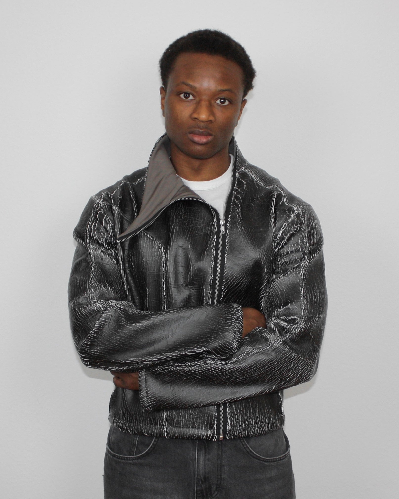 Oblique Cracked Leather Jacket