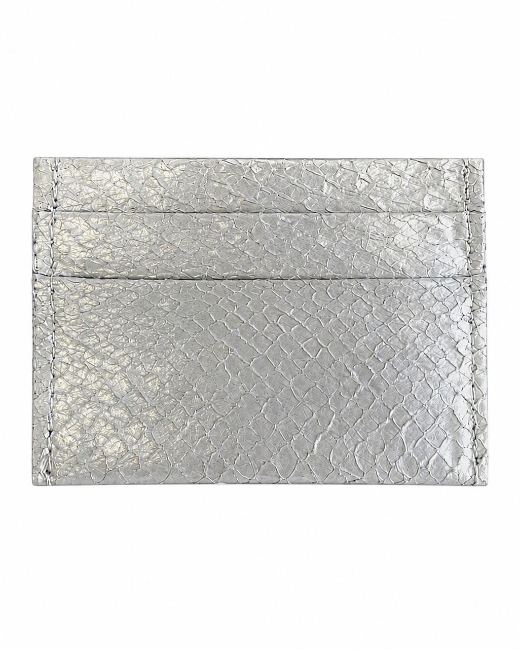 Cardholder salmon leather white — the metallic silver salmon leather cardholder seen flat from the front, two card slots above the front pocket