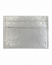 Cardholder salmon leather white — the metallic silver salmon leather cardholder seen flat from the front, two card slots above the front pocket