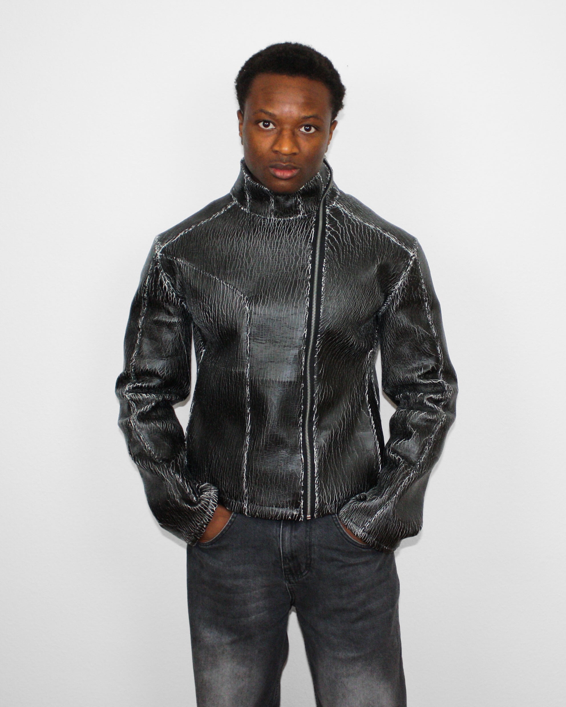 Oblique Cracked Leather Jacket
