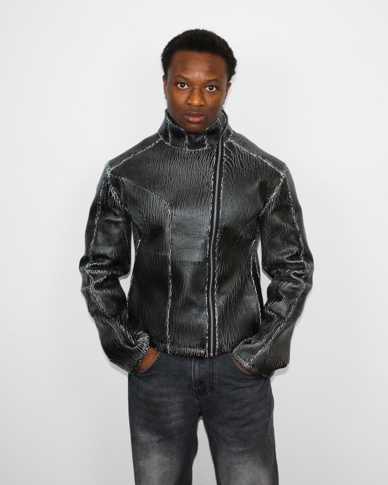 Oblique Cracked Leather Jacket