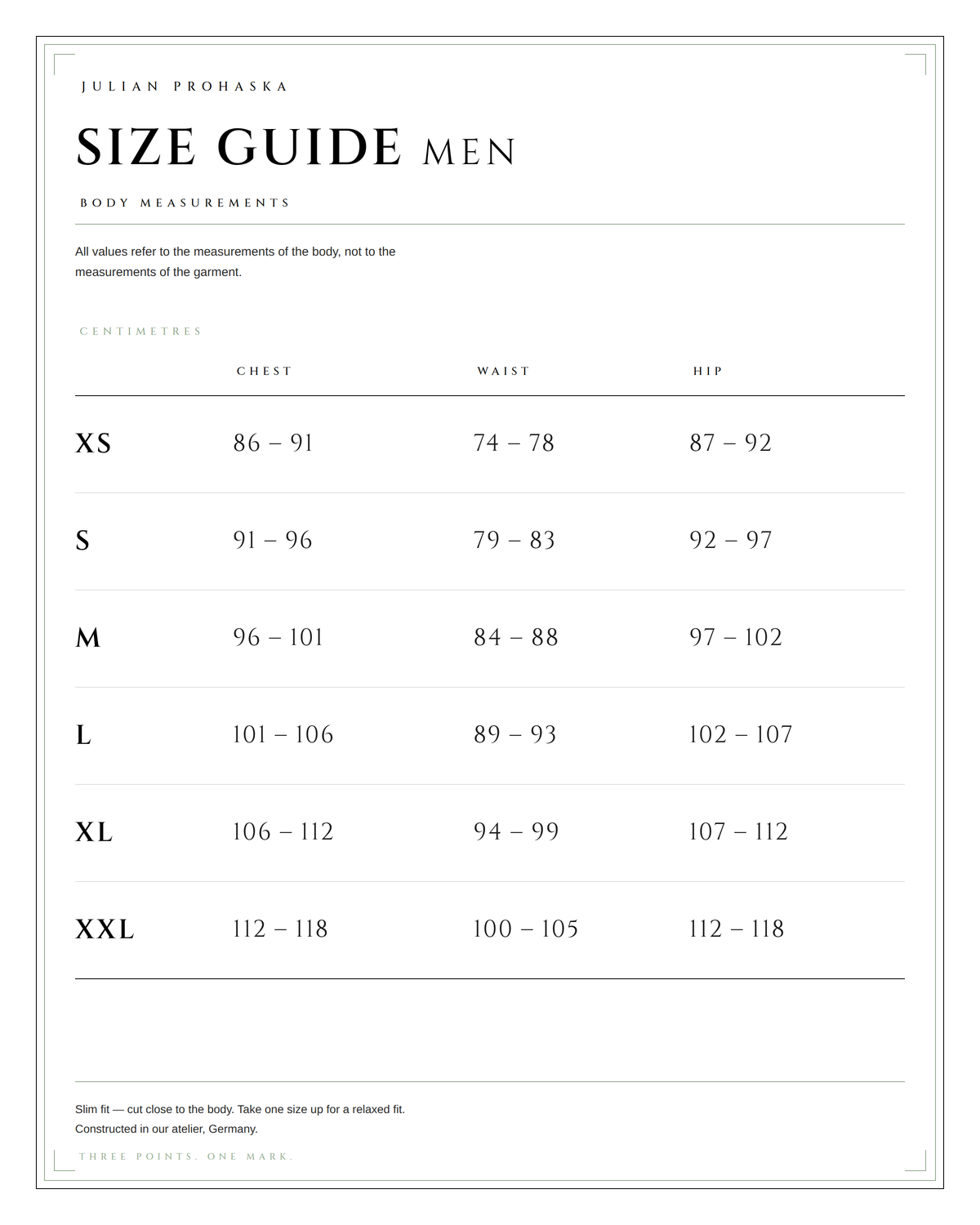 Julian Prohaska Size Guide Men — body measurements in centimetres