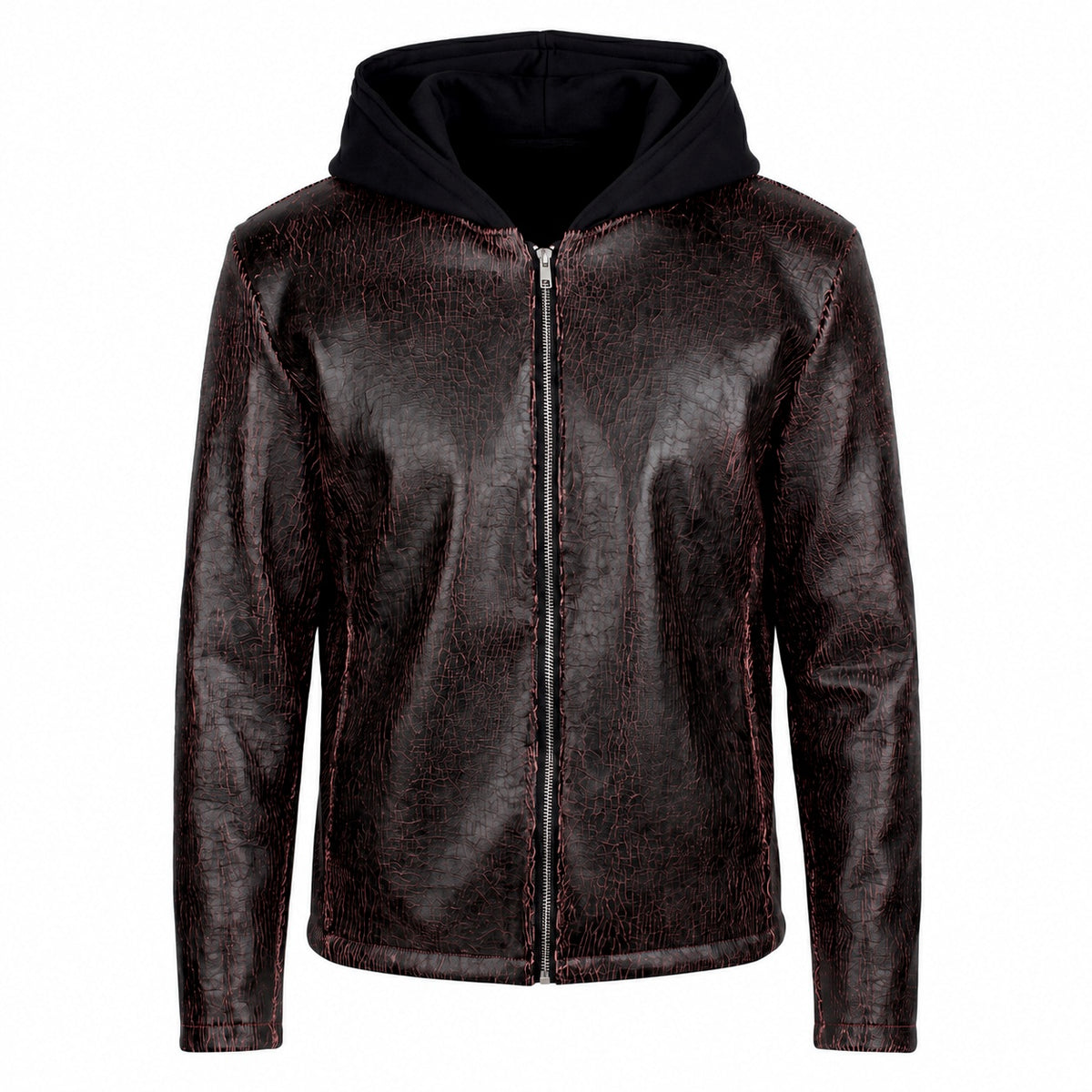 Hooded Red Cracked Leather Jacket