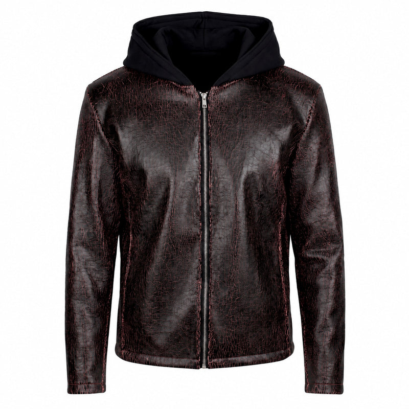 Hooded Red Cracked Leather Jacket