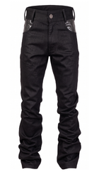 Bootcut Denim — front view on white, black denim with black leather pocket inserts and stacked hem