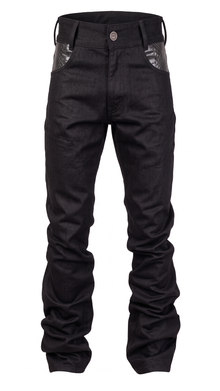 Bootcut Denim — front view on white, black denim with black leather pocket inserts and stacked hem