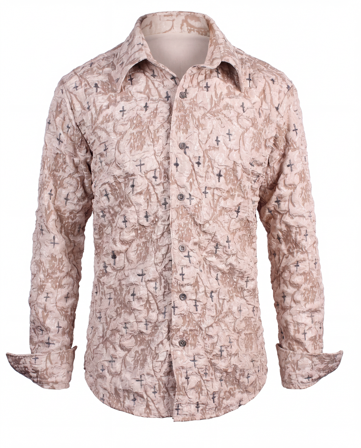 Cendre Cross Beige shirt with hand-dyed black crosses over a textured ash surface, shown on an invisible mannequin