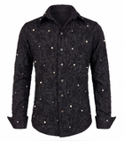 Pearl Cendre Shirt — front view on a ghost mannequin against white, black crinkled ash-texture surface with cream pearls scattered across body, sleeves and collar