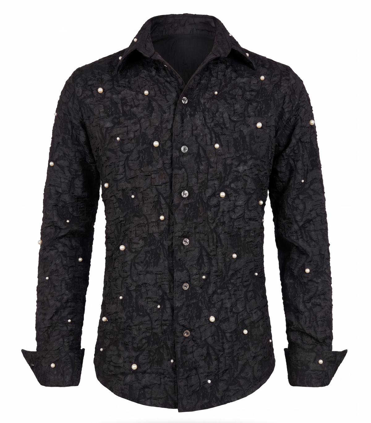 Pearl Cendre Shirt — front view on a ghost mannequin against white, black crinkled ash-texture surface with cream pearls scattered across body, sleeves and collar