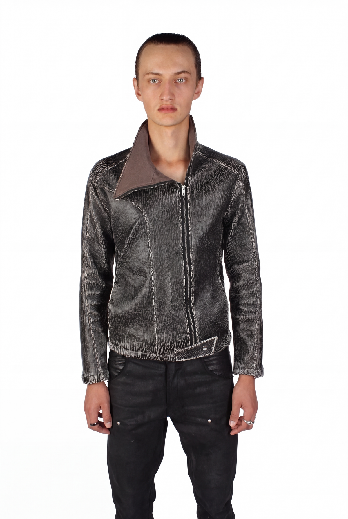 Oblique Cracked Leather Jacket