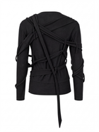 Mummy Drape — back view on a ghost mannequin against white, the strip crossed diagonally over the shoulders, banded around both sleeves and belted at the waist with one end hanging past the hem