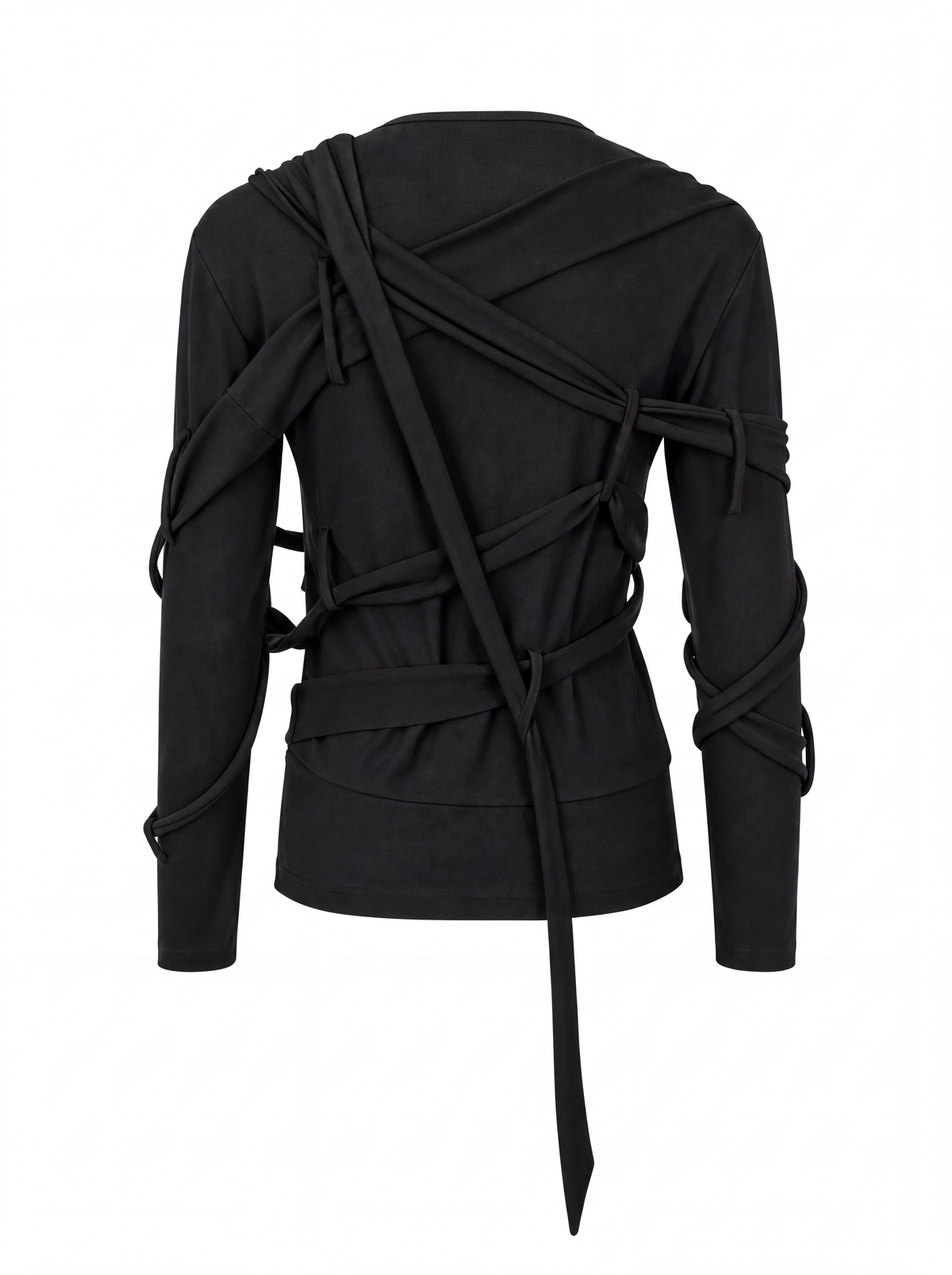 Mummy Drape — back view on a ghost mannequin against white, the strip crossed diagonally over the shoulders, banded around both sleeves and belted at the waist with one end hanging past the hem