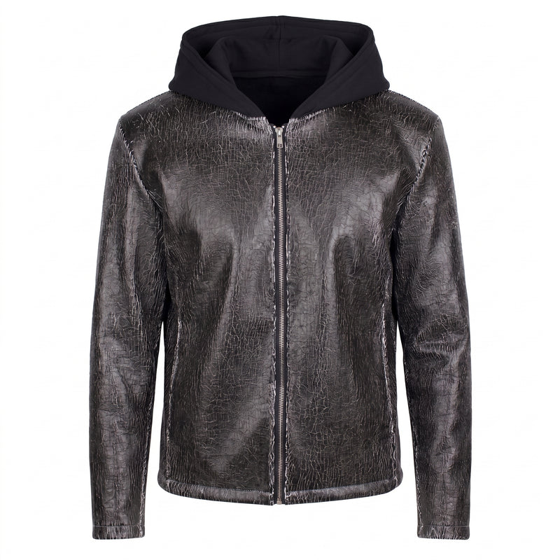 Hooded Cracked Leather Jacket