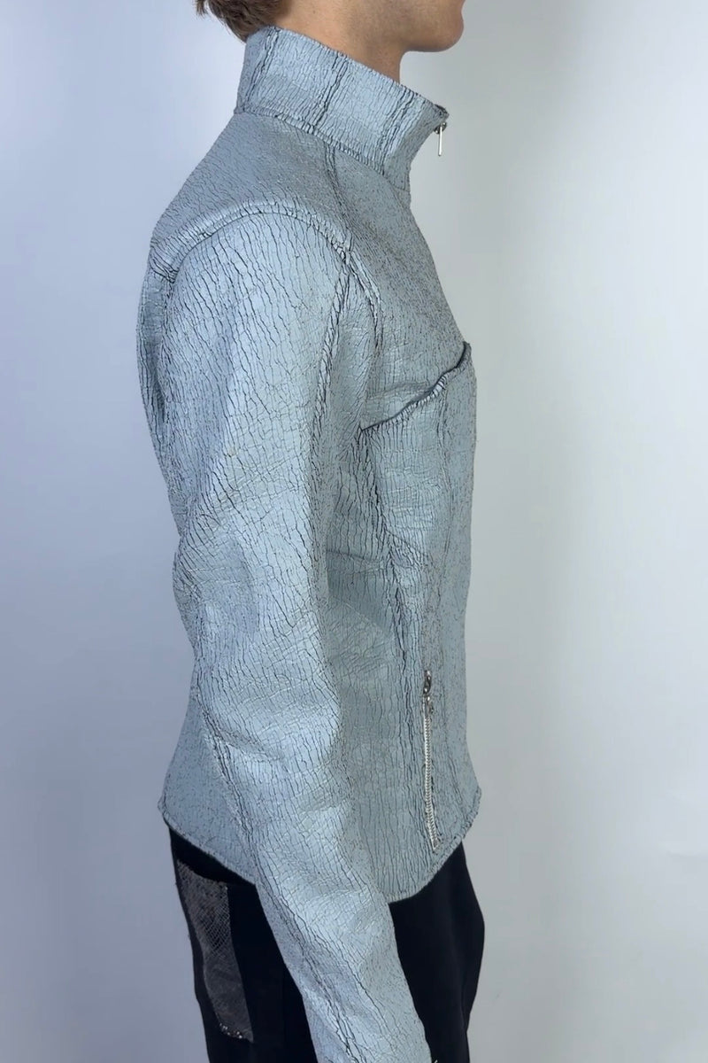 Magnetic Cracked Leather Jacket White Sample
