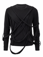 Mummy Drape — front view on a ghost mannequin against white, black jersey longsleeve with the fabric strip draped loosely in wide crossing loops over the chest and wound around both forearms